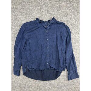 Banana Republic Shirt Womens Large Blue Ruffle Neck Button Front Long Sleeve